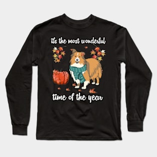 Sheltie Dog Autumn Fall Most Wonderful Time Maple Gift Long Sleeve T-Shirt